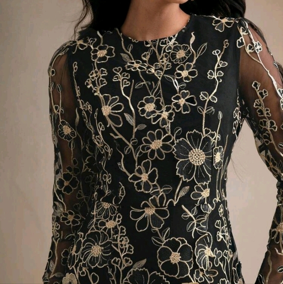 Women Floral Embroidered Mesh Round Neck Elegant Long Sleeve Short Mini Dress - Picture 2 of 5